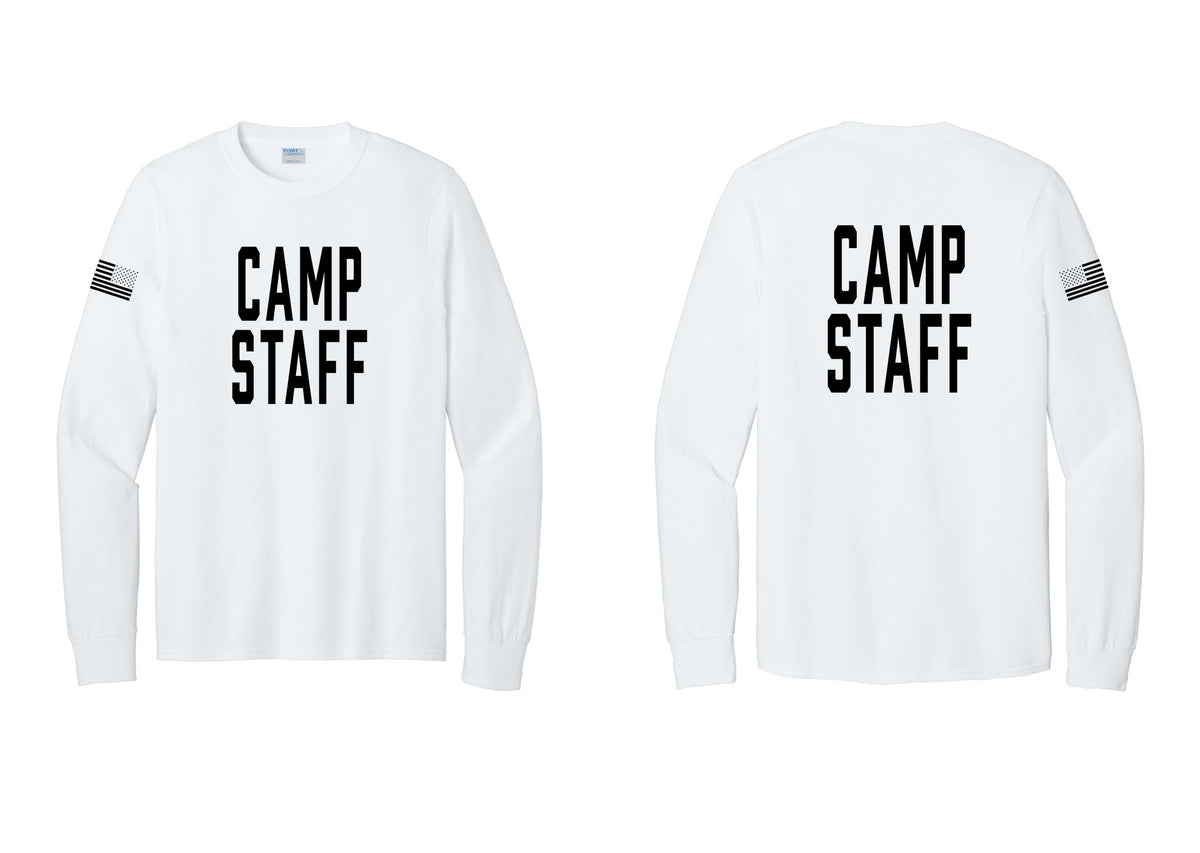 NYC Factory Camp Staff Cotton Long Sleeve T-Shirt (Classic) - Front + Back + US Flag Sleeve - White