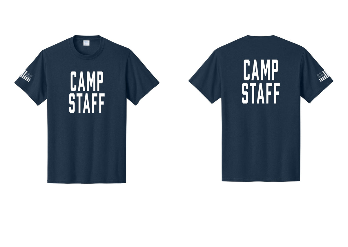 NYC Factory Unisex Camp Staff Classic T-Shirt - Front + Back + US Flag Sleeve - Navy