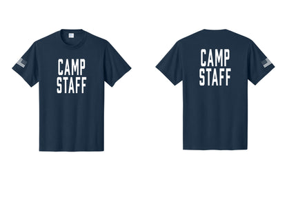 NYC Factory Unisex Camp Staff Classic T-Shirt - Front + Back + US Flag Sleeve - Navy