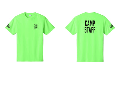 NYC Factory Camp Staff T-Shirt, Condensed Lettering - Chest + Back + US Flag Sleeve - Neon Green