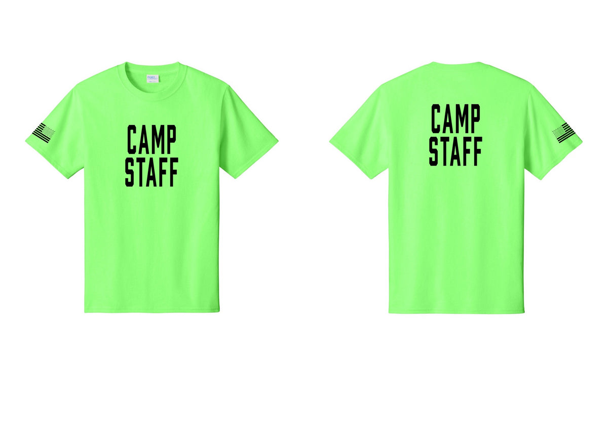 NYC Factory Camp Staff T-Shirt, Condensed Lettering - Front + Back + US Flag Sleeve - Neon Green