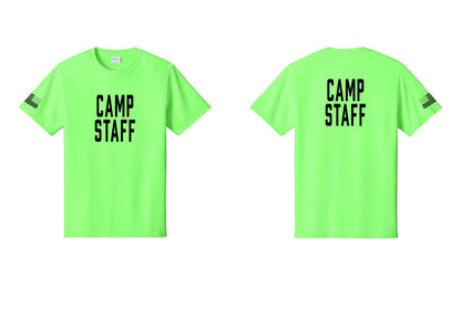 NYC Factory Camp Staff T-Shirt, Condensed Lettering - Front + Back + US Flag Sleeve - Neon Green