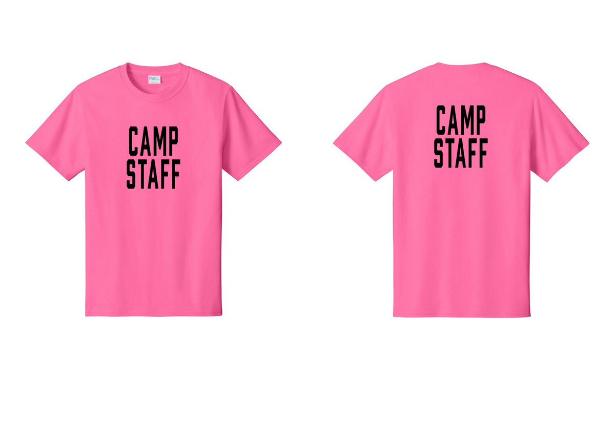 NYC Factory Camp Staff T-Shirt, Condensed Lettering - Front + Back - Neon Pink