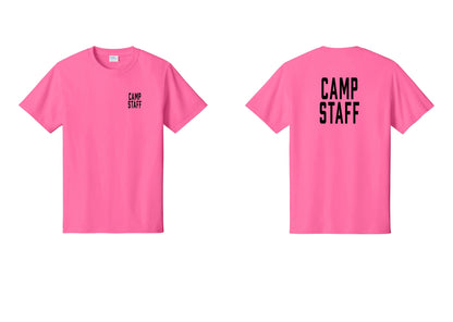 NYC Factory Camp Staff T-Shirt, Condensed Lettering - Chest + Back - Neon Pink