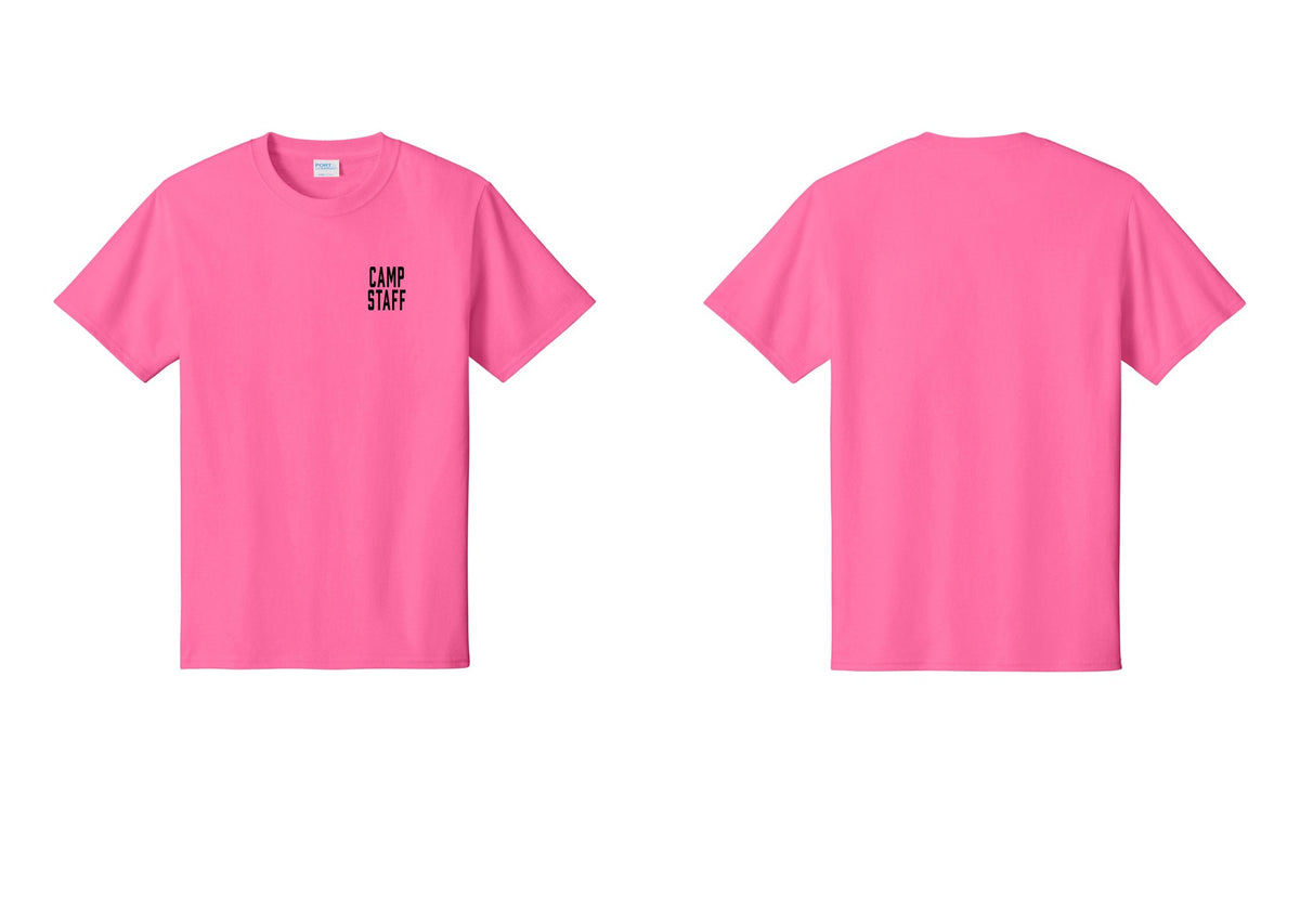 NYC Factory Camp Staff T-Shirt, Condensed Lettering - Chest Only - Neon Pink