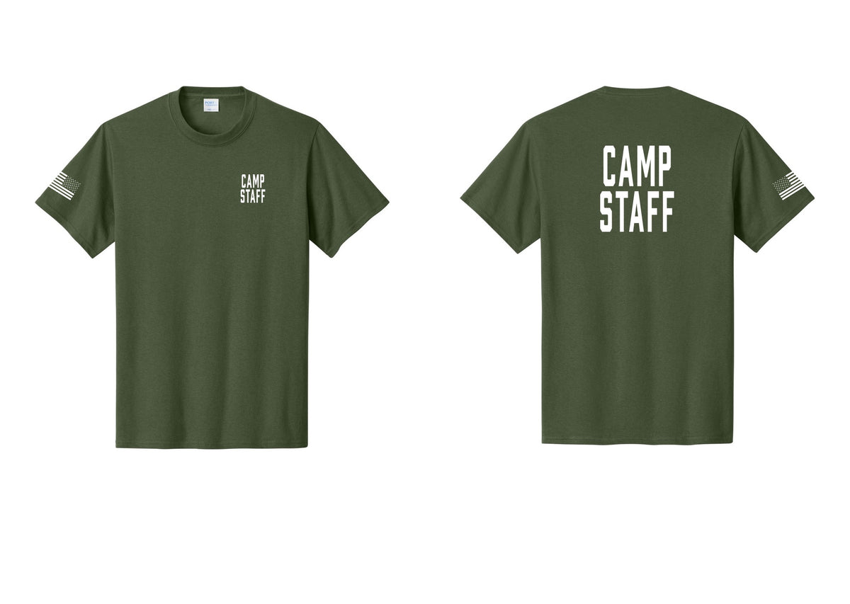 NYC Factory Camp Staff T-Shirt, Condensed Lettering - Chest + Back + US Flag Sleeve - Olive