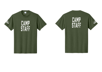 NYC Factory Camp Staff T-Shirt, Condensed Lettering - Front + Back + US Flag Sleeve - Olive