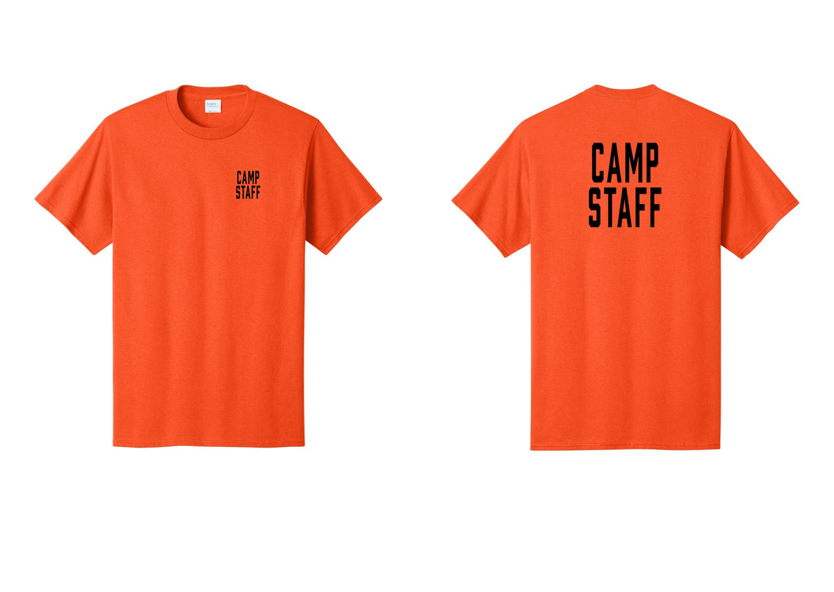 NYC Factory Camp Staff T-Shirt, Condensed Lettering - Chest + Back - Orange