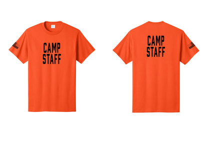 NYC Factory Camp Staff T-Shirt, Condensed Lettering - Front + Back + US Flag Sleeve - Orange