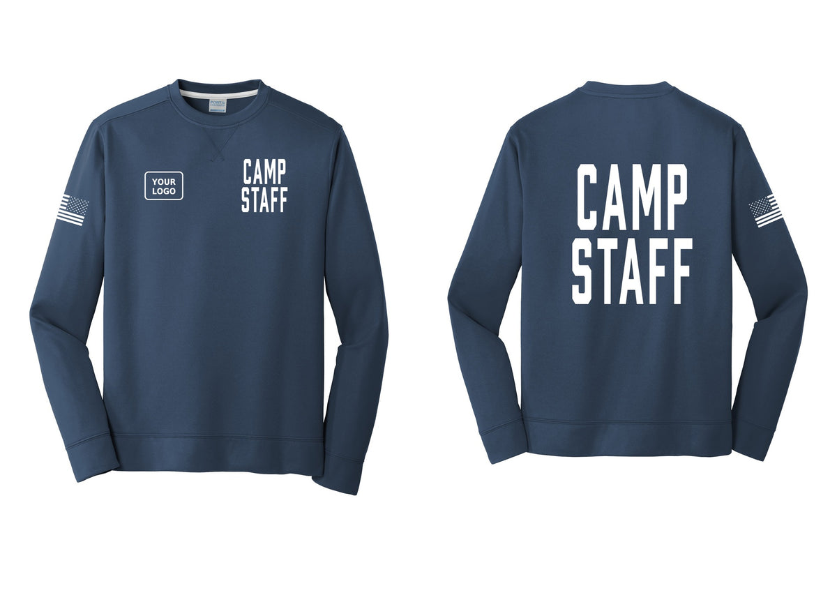 NYC Factory Custom Logo Camp Staff Performance Fleece Crewneck Sweatshirt (Classic) - CAMP STAFF + Your Logo + Back + US Flag Sleeve - Navy
