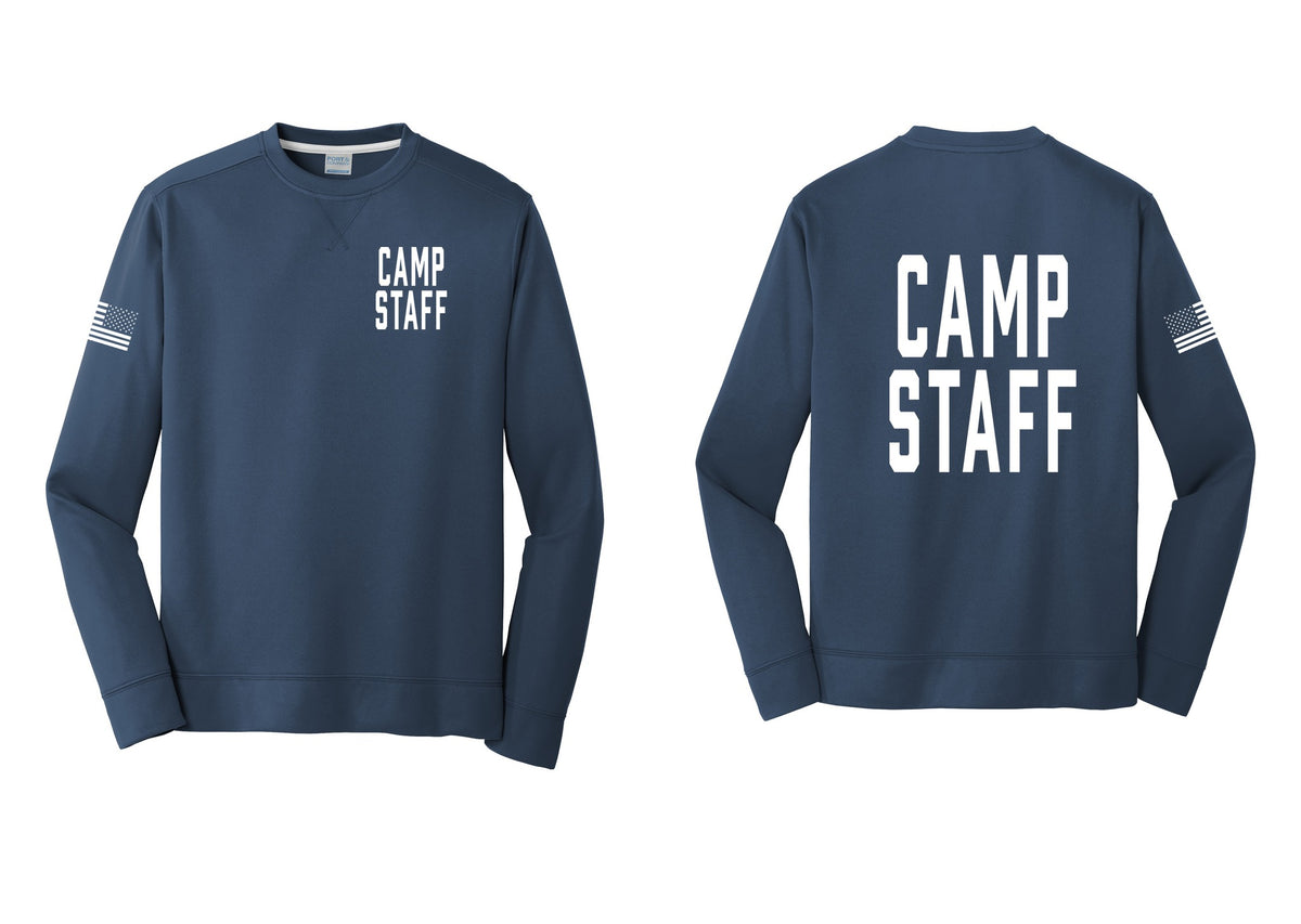 NYC Factory Camp Staff Performance Fleece Crewneck Sweatshirt (Classic) - Chest + Back + US Flag Sleeve - Navy
