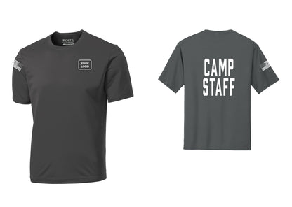 NYC Factory Custom Logo Camp Staff Performance T-Shirt (Classic) - Your Logo + Back + US Flag Sleeve - Charcoal