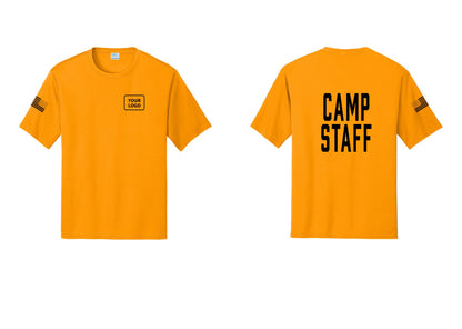 NYC Factory Custom Logo Camp Staff Performance T-Shirt (Classic) - Your Logo + Back + US Flag Sleeve - Gold
