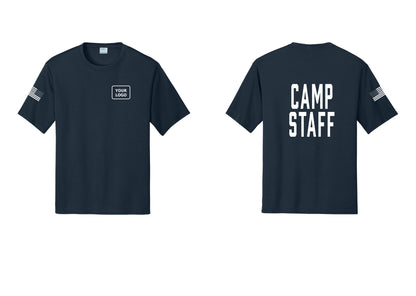NYC Factory Custom Logo Camp Staff Performance T-Shirt (Classic) - Your Logo + Back + US Flag Sleeve - Navy