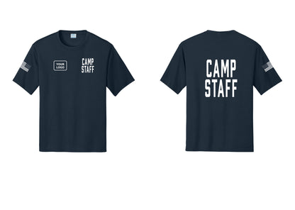 NYC Factory Custom Logo Camp Staff Performance T-Shirt (Classic) - CAMP STAFF + Your Logo + Back + US Flag Sleeve - Navy