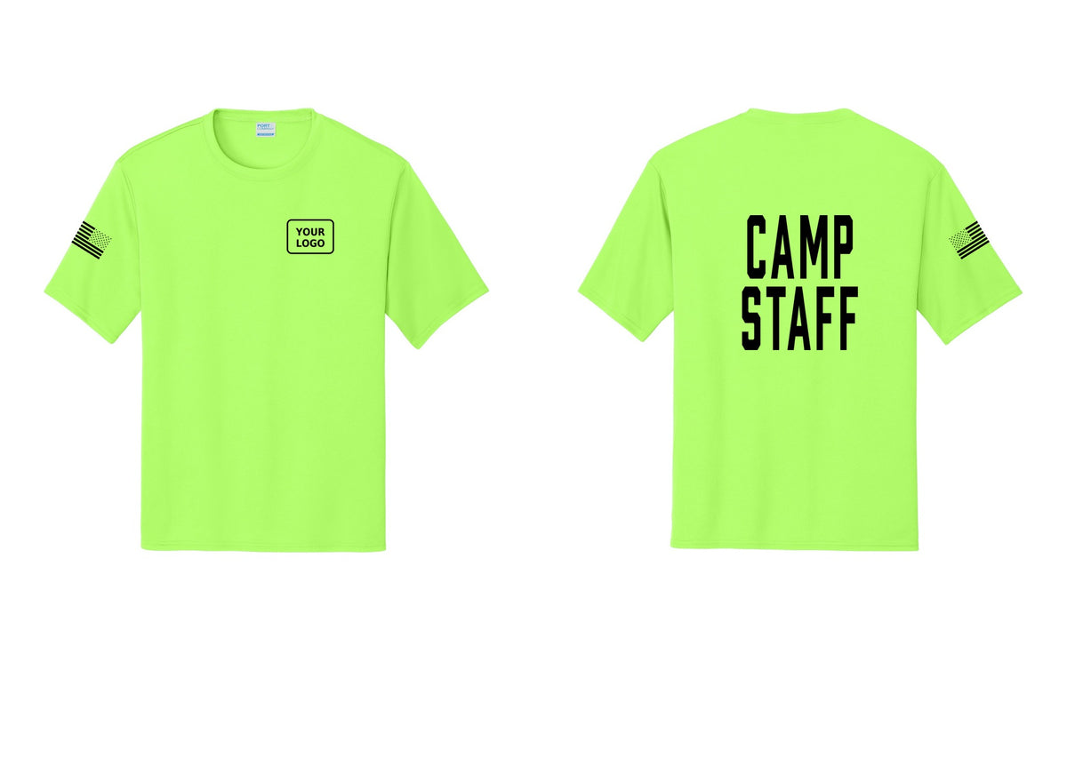 NYC Factory Custom Logo Camp Staff Performance T-Shirt (Classic) - Your Logo + Back + US Flag Sleeve - Neon Green