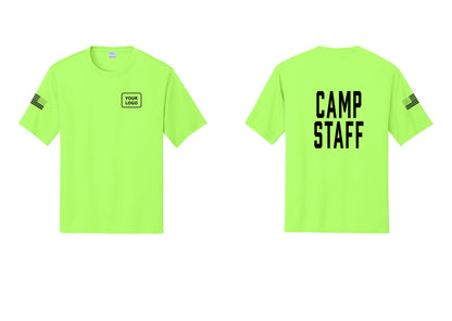 NYC Factory Custom Logo Camp Staff Performance T-Shirt (Classic) - Your Logo + Back + US Flag Sleeve - Neon Green