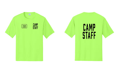 NYC Factory Custom Logo Camp Staff Performance T-Shirt (Classic) - CAMP STAFF + Your Logo + Back - Neon Green