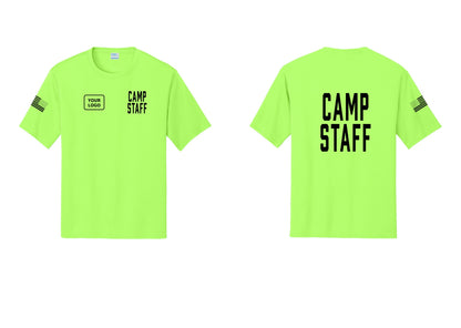 NYC Factory Custom Logo Camp Staff Performance T-Shirt (Classic) - CAMP STAFF + Your Logo + Back + US Flag Sleeve - Neon Green