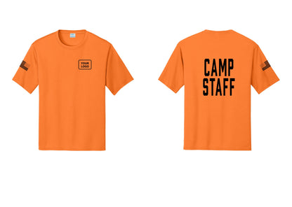 NYC Factory Custom Logo Camp Staff Performance T-Shirt (Classic) - Your Logo + Back + US Flag Sleeve - Neon Orange