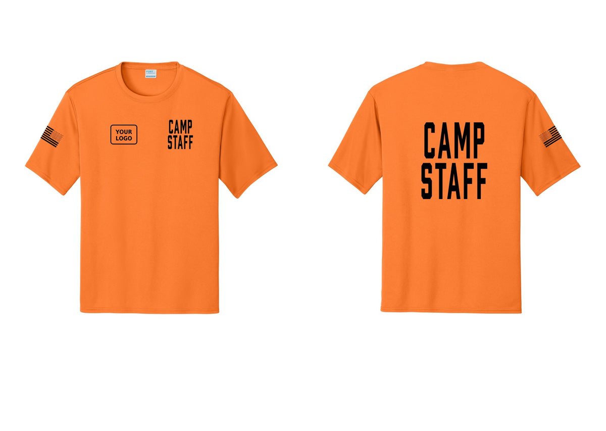 NYC Factory Custom Logo Camp Staff Performance T-Shirt (Classic) - CAMP STAFF + Your Logo + Back + US Flag Sleeve - Neon Orange