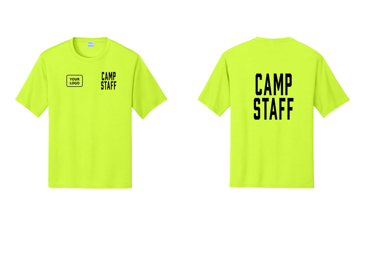 NYC Factory Custom Logo Camp Staff Performance T-Shirt (Classic) - CAMP STAFF + Your Logo + Back - Neon Yellow
