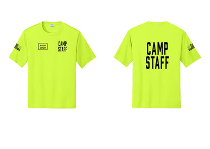 NYC Factory Custom Logo Camp Staff Performance T-Shirt (Classic) - CAMP STAFF + Your Logo + Back + US Flag Sleeve - Neon Yellow