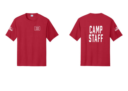 NYC Factory Custom Logo Camp Staff Performance T-Shirt (Classic) - Your Logo + Back + US Flag Sleeve - Red