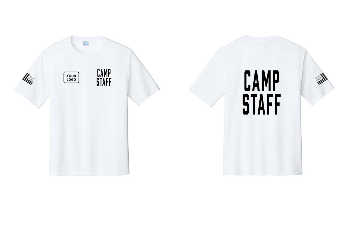 NYC Factory Custom Logo Camp Staff Performance T-Shirt (Classic) - CAMP STAFF + Your Logo + Back + US Flag Sleeve - White