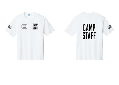 NYC Factory Custom Logo Camp Staff Performance T-Shirt (Classic) - CAMP STAFF + Your Logo + Back + US Flag Sleeve - White