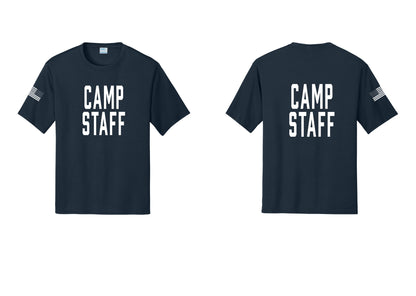 NYC Factory Camp Staff Performance T-Shirt (Classic) - Front + Back + US Flag Sleeve - Navy