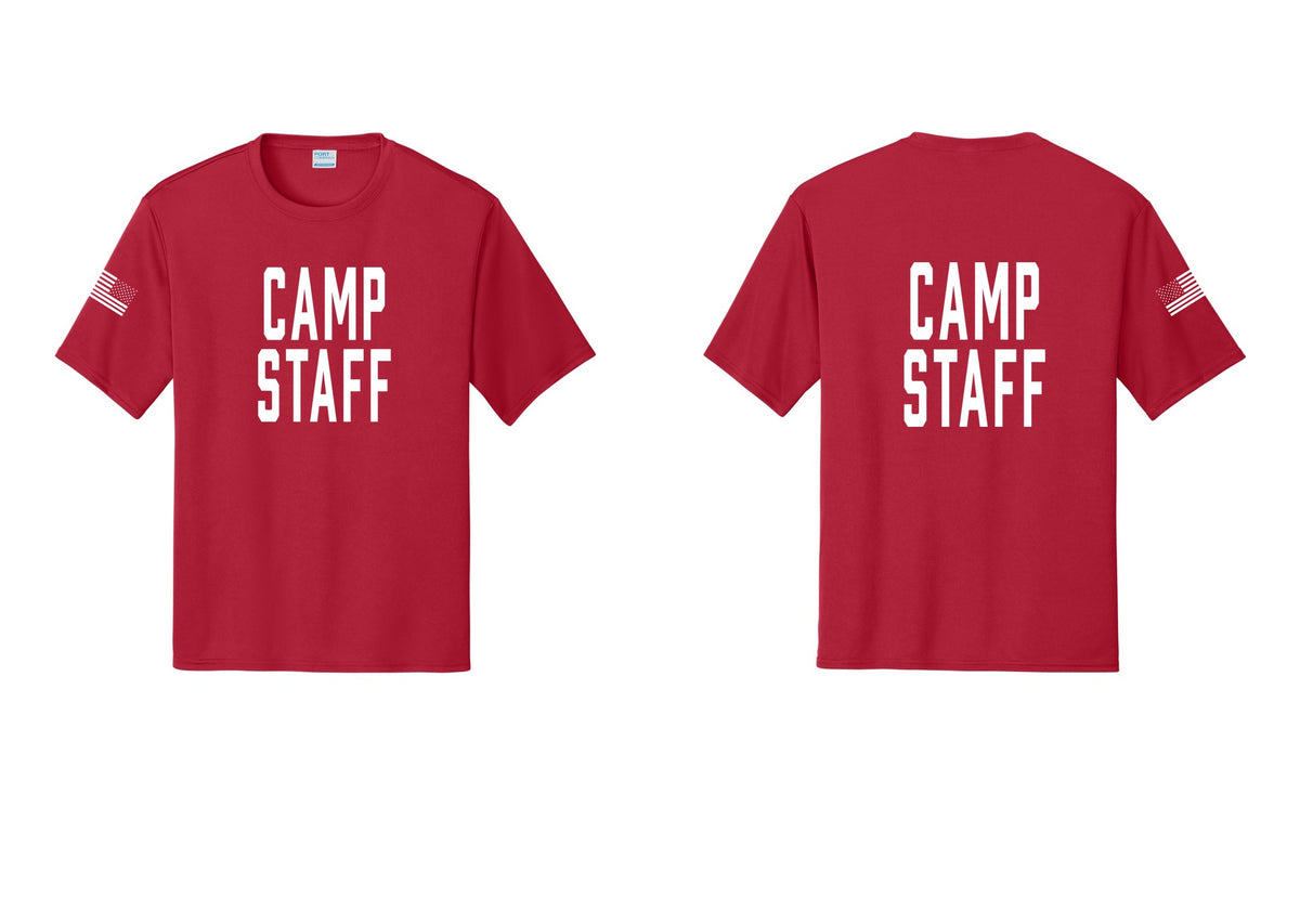 NYC Factory Camp Staff Performance T-Shirt (Classic) - Front + Back + US Flag Sleeve - Red