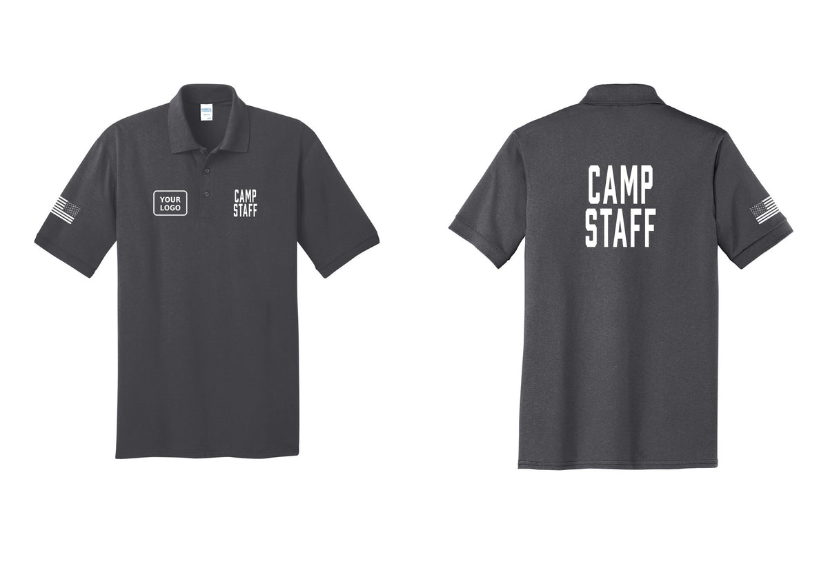 NYC Factory Custom Logo Camp Staff Polo Shirt (Classic) - CAMP STAFF + Your Logo + Back + US Flag Sleeve - Charcoal