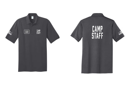 NYC Factory Custom Logo Camp Staff Polo Shirt (Classic) - CAMP STAFF + Your Logo + Back + US Flag Sleeve - Charcoal