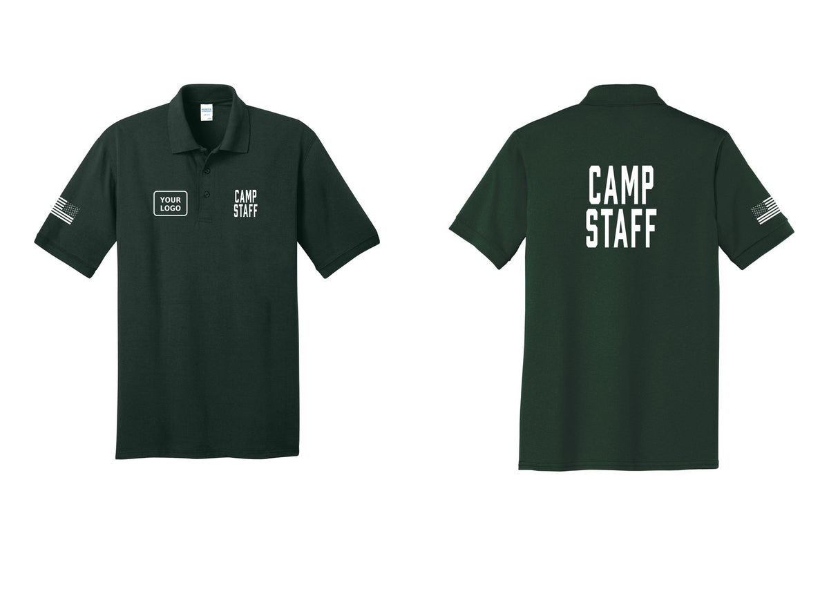 NYC Factory Custom Logo Camp Staff Polo Shirt (Classic) - CAMP STAFF + Your Logo + Back + US Flag Sleeve - Dark Green
