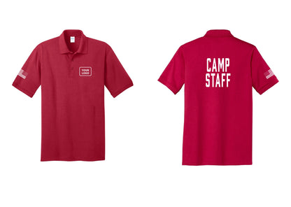 NYC Factory Custom Logo Camp Staff Polo Shirt (Classic) - Your Logo + Back + US Flag Sleeve - Red