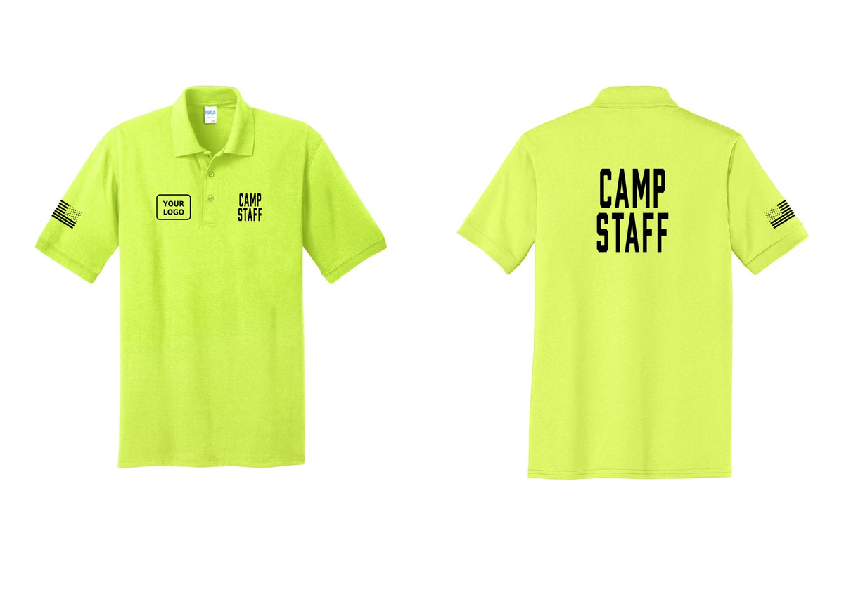 NYC Factory Custom Logo Camp Staff Polo Shirt (Classic) - CAMP STAFF + Your Logo + Back + US Flag Sleeve - Safety Green