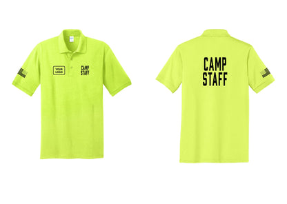 NYC Factory Custom Logo Camp Staff Polo Shirt (Classic) - CAMP STAFF + Your Logo + Back + US Flag Sleeve - Safety Green