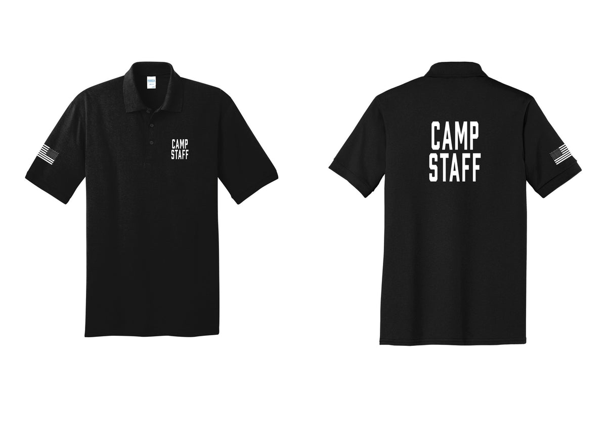 NYC Factory Camp Staff Polo Shirt (Classic) - Chest + Back + US Flag Sleeve - Black