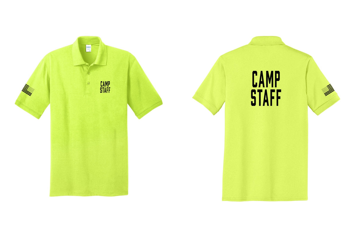 NYC Factory Camp Staff Polo Shirt (Classic) - Chest + Back + US Flag Sleeve - Safety Green