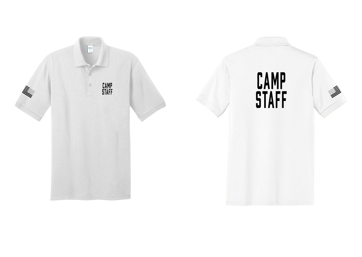 NYC Factory Camp Staff Polo Shirt (Classic) - Chest + Back + US Flag Sleeve - White