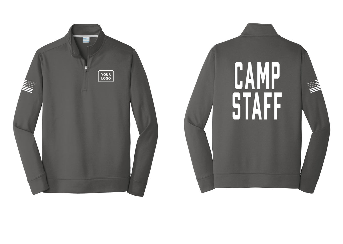NYC Factory Custom Logo Camp Staff Performance Fleece 1/4-Zip Pullover Sweatshirt (Classic) - Your Logo + Back + US Flag Sleeve - Charcoal