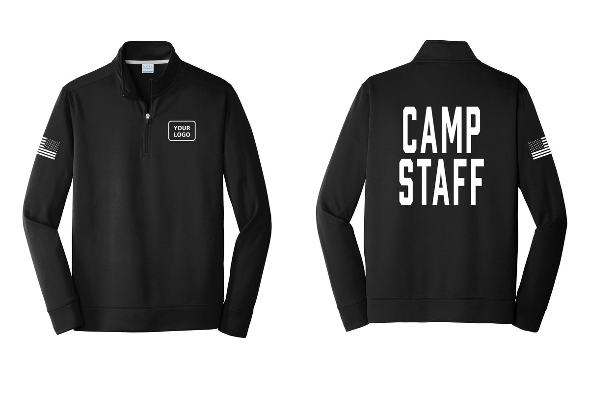 NYC Factory Custom Logo Camp Staff Performance Fleece 1/4-Zip Pullover Sweatshirt (Classic) - Your Logo + Back + US Flag Sleeve - Black