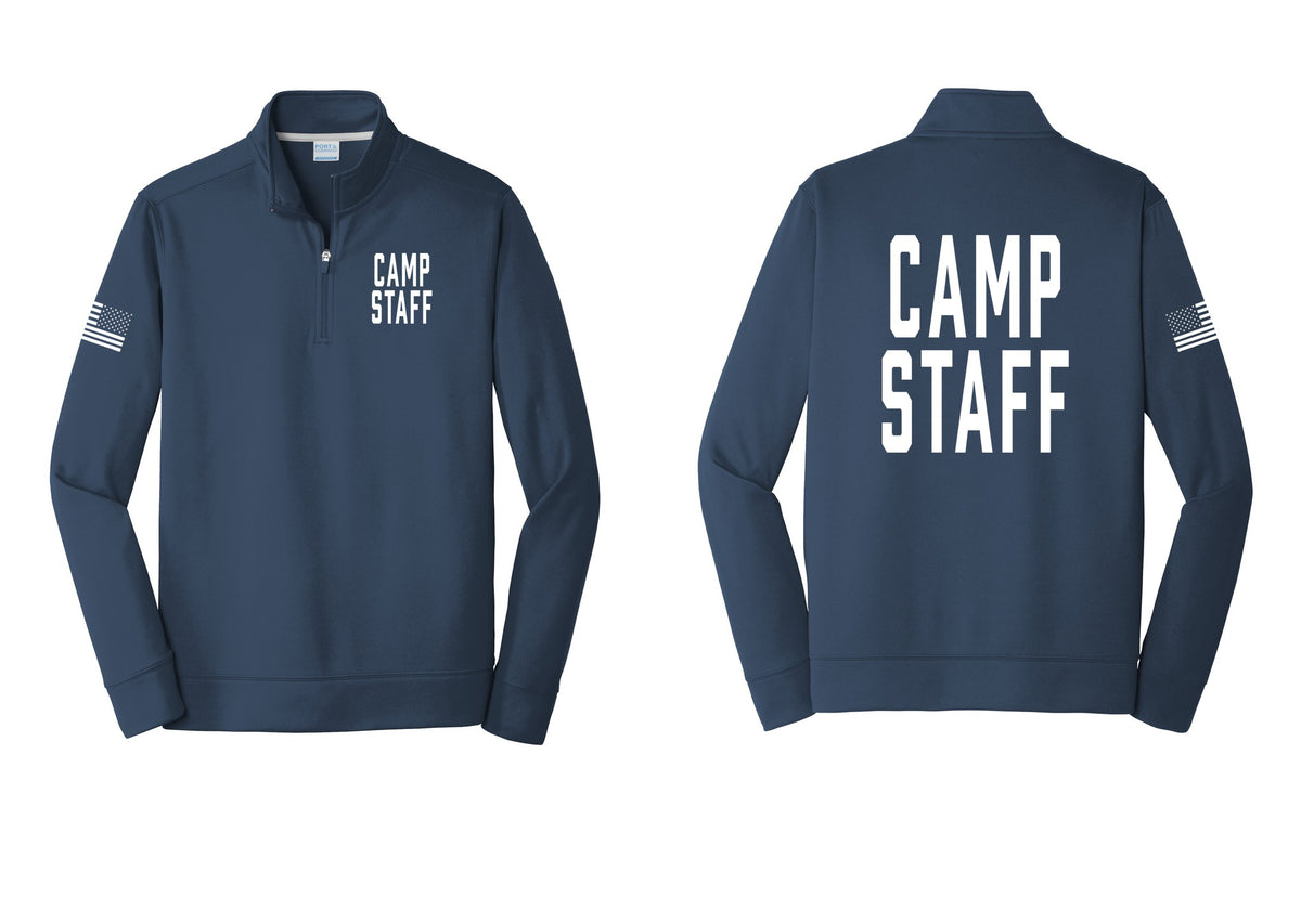NYC Factory Camp Staff Performance Fleece 1/4-Zip Pullover Sweatshirt (Classic) - Chest + Back + US Flag Sleeve - Navy