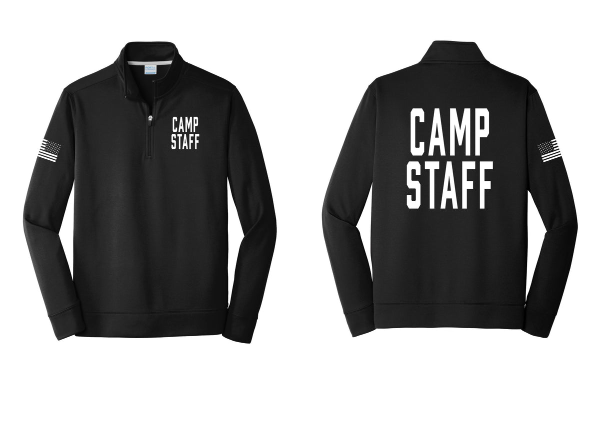 NYC Factory Camp Staff Performance Fleece 1/4-Zip Pullover Sweatshirt (Classic) - Chest + Back + US Flag Sleeve - Black