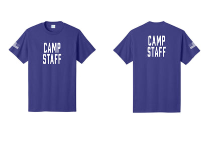NYC Factory Camp Staff T-Shirt, Condensed Lettering - Front + Back + US Flag Sleeve - Purple