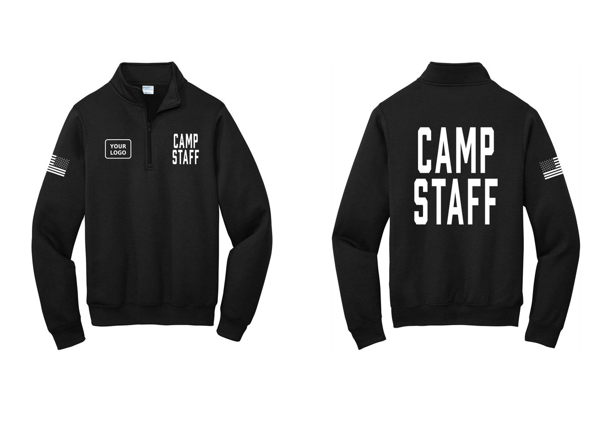 NYC Factory Custom Logo Camp Staff Cotton Fleece 1/4-Zip Pullover Sweatshirt (Classic) - CAMP STAFF + Your Logo + Back + US Flag Sleeve - Black