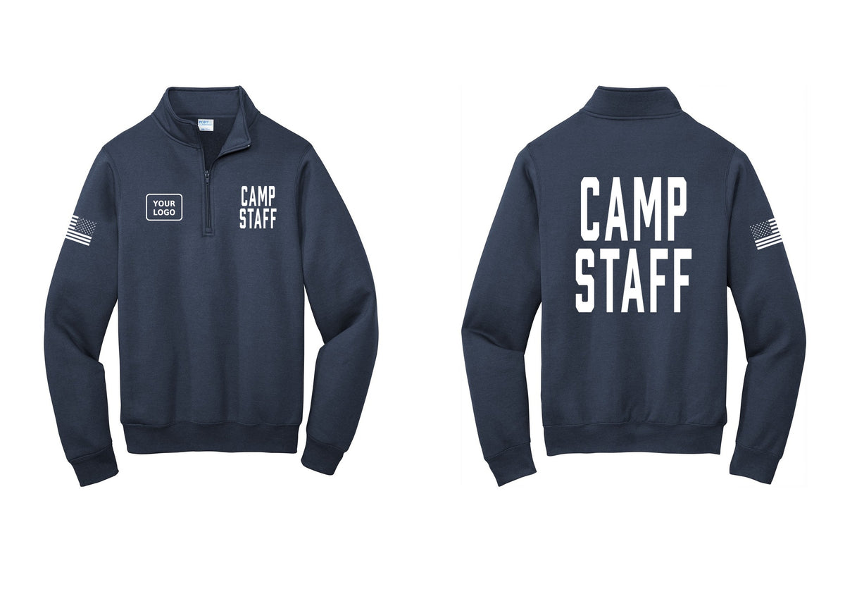 NYC Factory Custom Logo Camp Staff Cotton Fleece 1/4-Zip Pullover Sweatshirt (Classic) - CAMP STAFF + Your Logo + Back + US Flag Sleeve - Navy