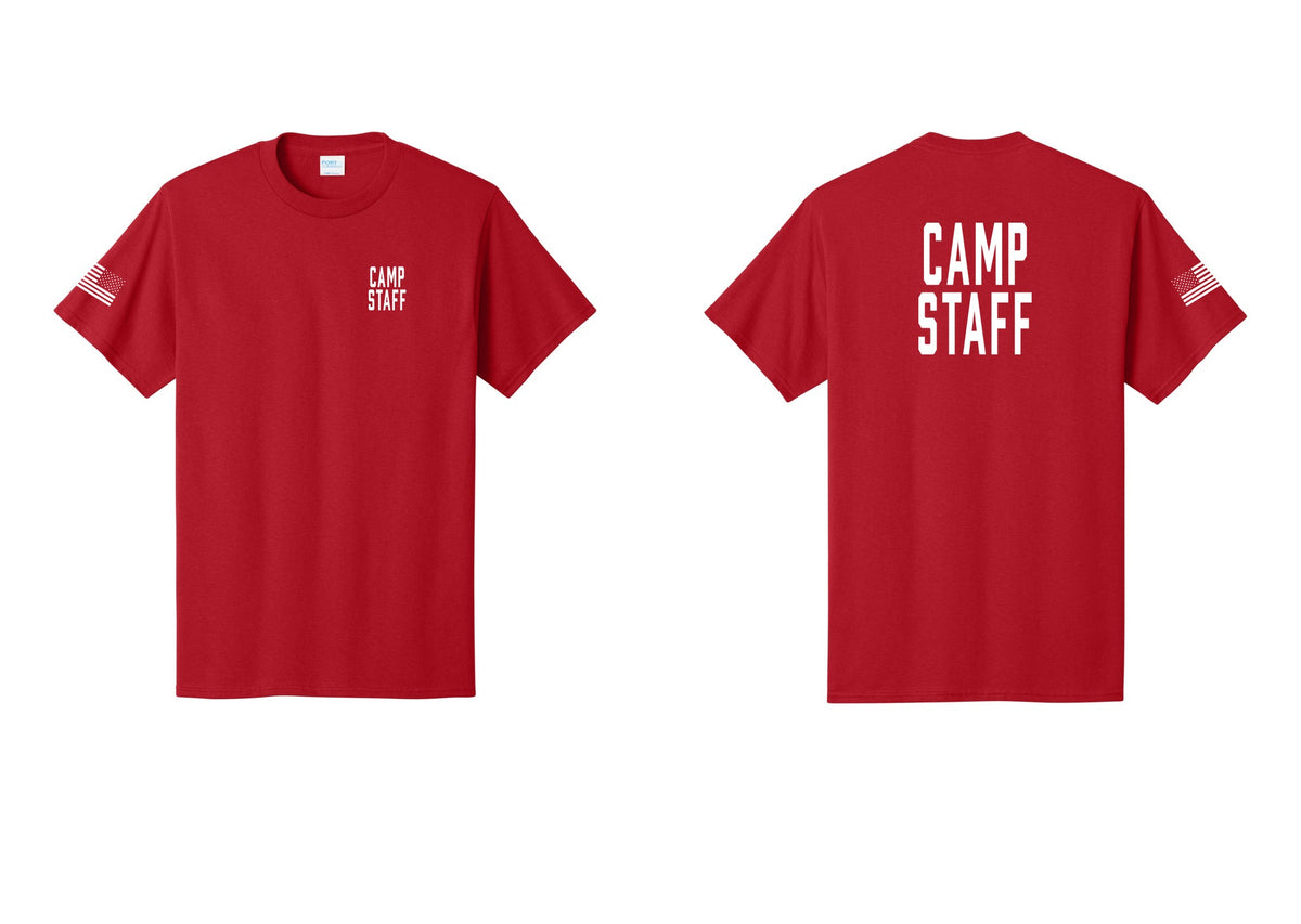 NYC Factory Camp Staff T-Shirt, Condensed Lettering - Chest + Back + US Flag Sleeve - Red