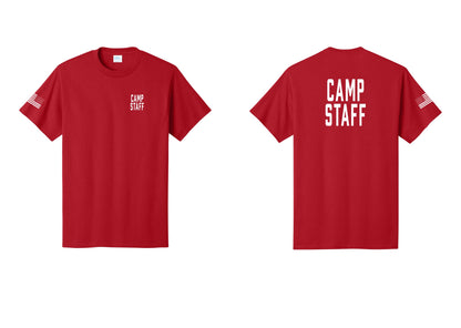 NYC Factory Camp Staff T-Shirt, Condensed Lettering - Chest + Back + US Flag Sleeve - Red